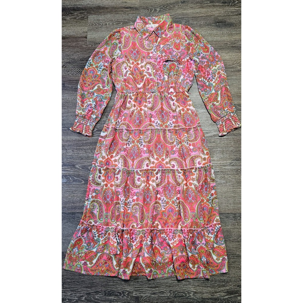 Harlow & Rose Pink Paisley Print Long-sleeve Midi Dress Size Medium Missing Belt - Picture 3 of 16